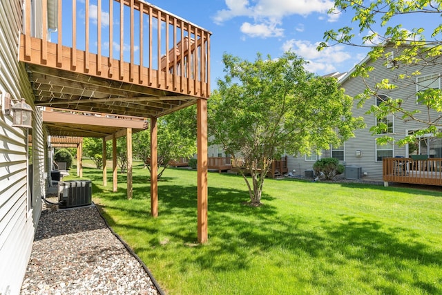 1353 White Oak Dr, Chaska, MN 55318 - view of grassy yard featuring central air condition unit and a wooden deck
