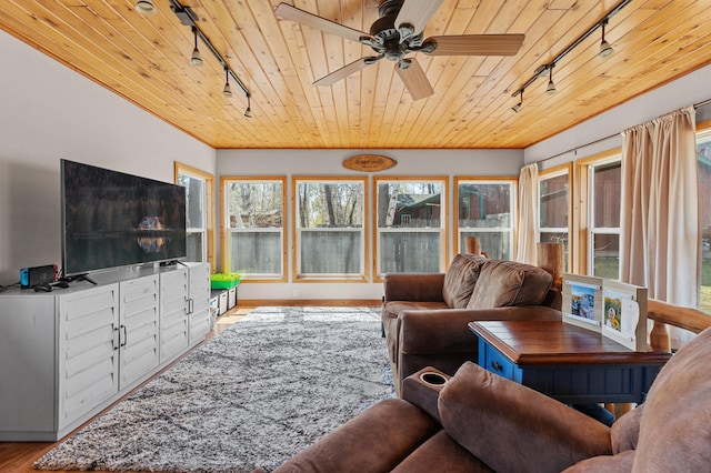 30432 Pinewood Dr, Breezy Point, MN 56472 - living area featuring rail lighting, wooden ceiling, wood finished floors, a ceiling fan, and baseboards