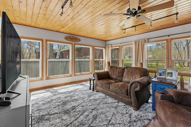 30432 Pinewood Dr, Breezy Point, MN 56472 - sunroom featuring rail lighting, wood finished floors, and wooden ceiling