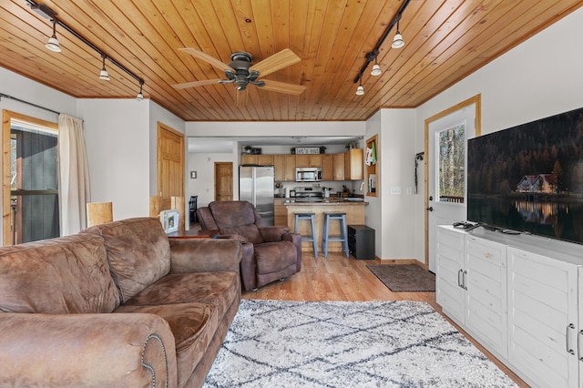 30432 Pinewood Dr, Breezy Point, MN 56472 - living room featuring rail lighting, wood ceiling, a ceiling fan, and light wood finished floors