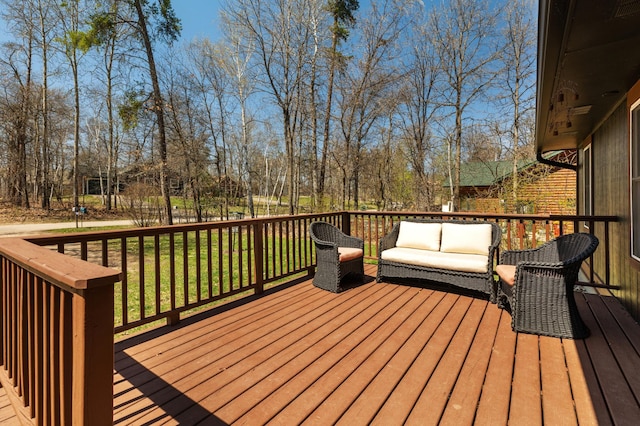 30432 Pinewood Dr, Breezy Point, MN 56472 - wooden deck featuring outdoor lounge area, a yard, and view of scattered trees