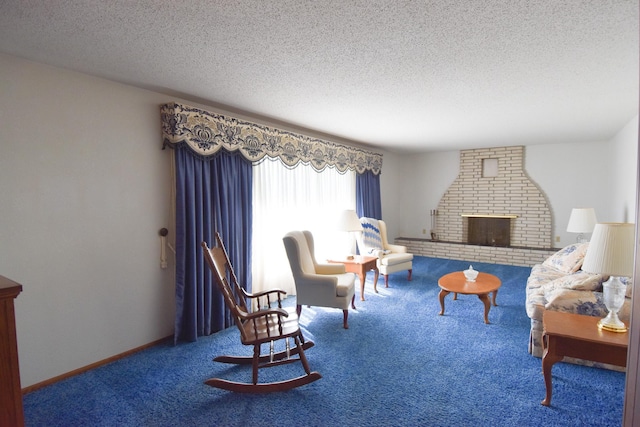 13946 151st St NE, Thief River Falls, MN 56701 - living room featuring carpet, a textured ceiling, and a fireplace