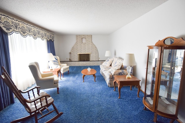 13946 151st St NE, Thief River Falls, MN 56701 - living area featuring carpet floors, a textured ceiling, and a fireplace