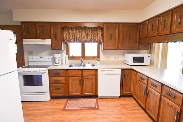 13946 151st St NE, Thief River Falls, MN 56701 - kitchen with white appliances, a sink, under cabinet range hood, and light countertops