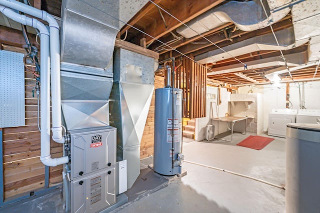 1202 Webster St, Fairmont, MN 56031 - unfinished basement featuring water heater, washer and dryer, a water softener system, and heating unit