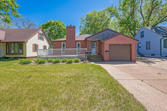 1202 Webster St, Fairmont, MN 56031 - view of front of home featuring concrete driveway, an attached garage, a chimney, a front lawn, and a wooden deck