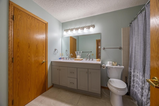 full bathroom with toilet, a textured ceiling, double vanity, tile patterned floors, and curtained shower