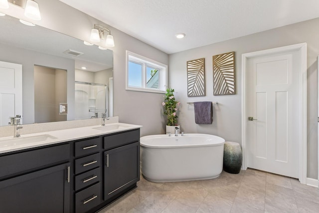 9222 Bridle Way, Victoria, MN 55386 - bathroom with double vanity, a freestanding tub, and a stall shower