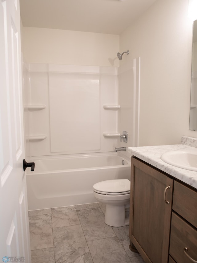 10302 Burgundy Dr, Horace, ND 58047 - bathroom with marble look tile flooring, toilet, vanity, and bathtub / shower combination