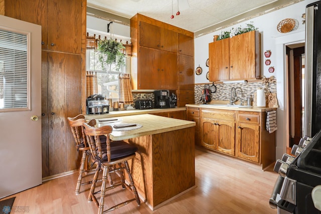 kitchen with a sink, tasteful backsplash, healthy amount of natural light, and light wood-style floors