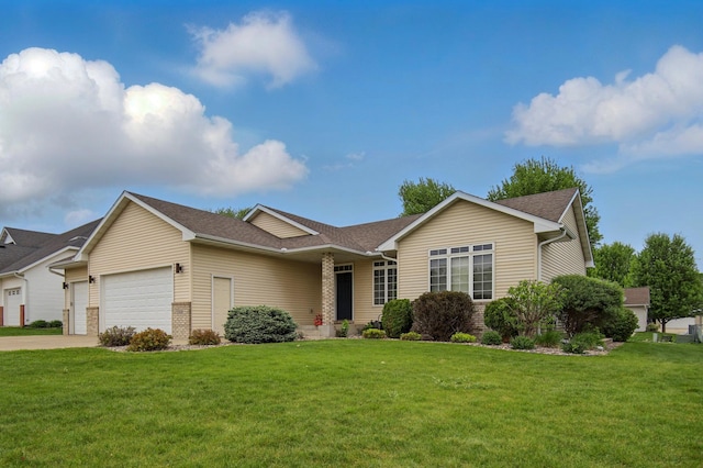 single story home with an attached garage, a front yard, concrete driveway, roof with shingles, and brick siding