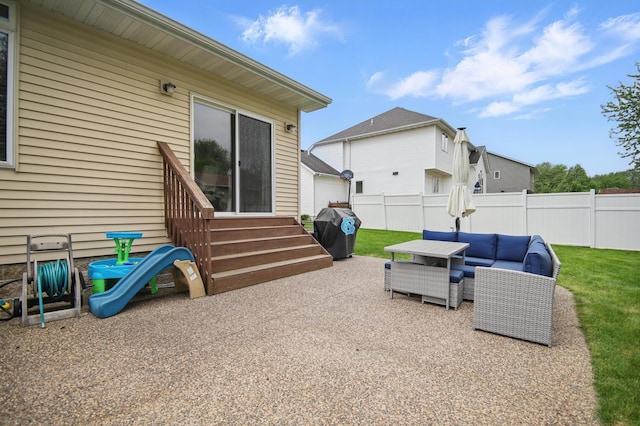 view of patio / terrace with entry steps, an outdoor hangout area, and a grill