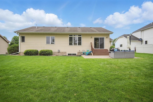 rear view of house featuring outdoor lounge area, entry steps, and a patio