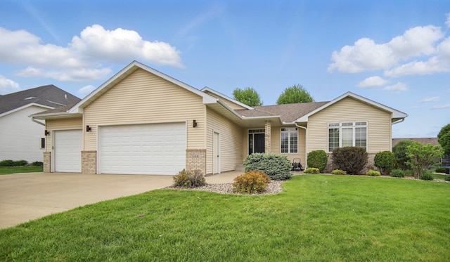 single story home featuring a garage, concrete driveway, brick siding, and a front yard