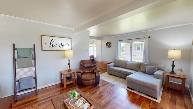 living room featuring wood finished floors, baseboards, and crown molding