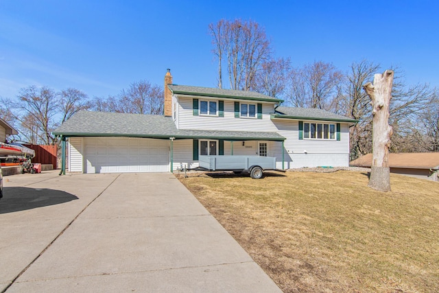 12420 Chippewa Ln, Burnsville, MN 55337 - split level home with a chimney, concrete driveway, an attached garage, a porch, and roof with shingles
