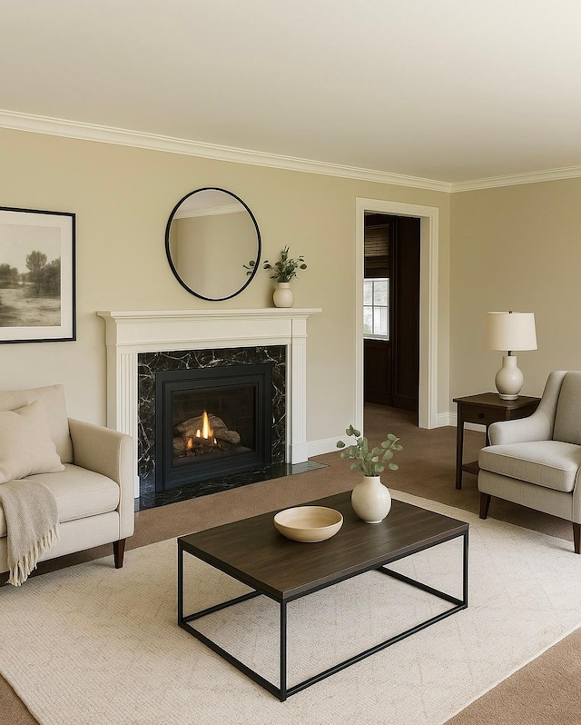 6617 Normandale Rd, Edina, MN 55435 - living area with carpet floors, ornamental molding, a high end fireplace, and baseboards