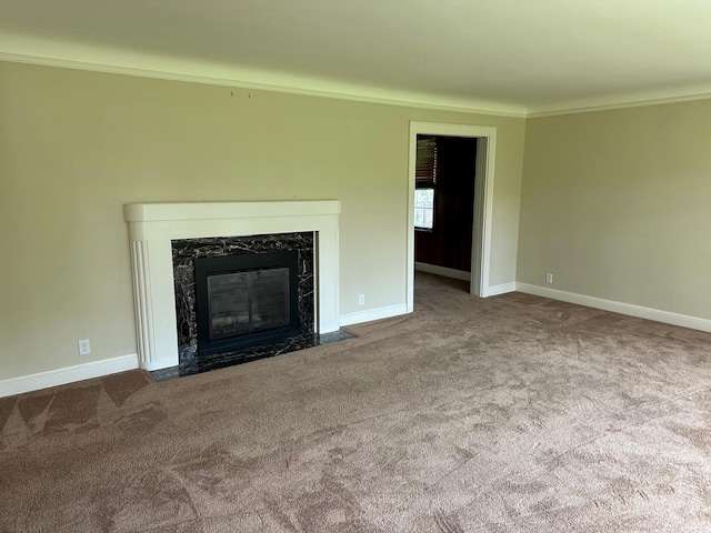 6617 Normandale Rd, Edina, MN 55435 - unfurnished living room with carpet flooring, crown molding, a high end fireplace, and baseboards