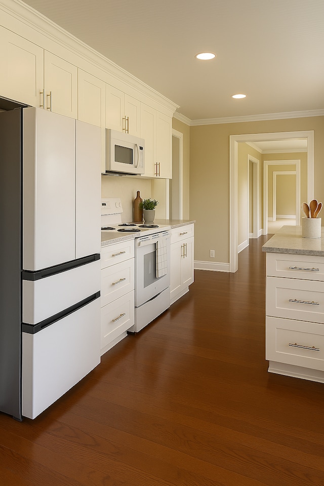 6617 Normandale Rd, Edina, MN 55435 - kitchen with white appliances, crown molding, dark wood finished floors, white cabinets, and recessed lighting