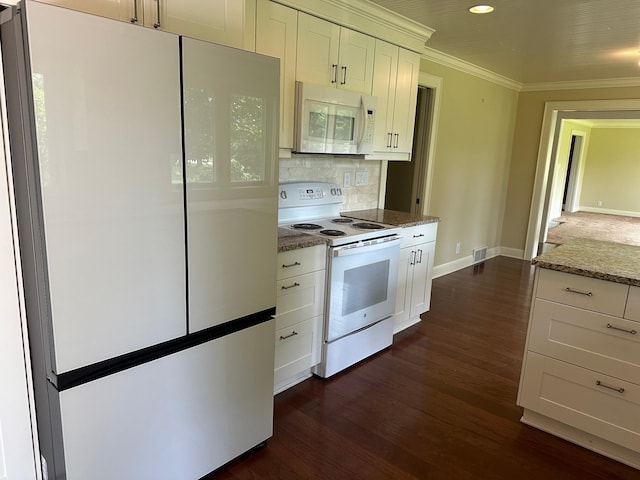 6617 Normandale Rd, Edina, MN 55435 - kitchen featuring white appliances, decorative backsplash, ornamental molding, dark wood-style floors, and white cabinetry