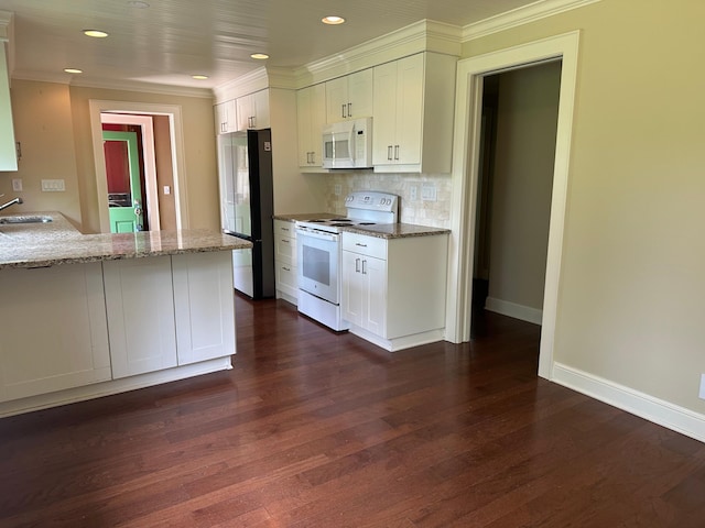 6617 Normandale Rd, Edina, MN 55435 - kitchen with white appliances, a sink, white cabinets, ornamental molding, and tasteful backsplash