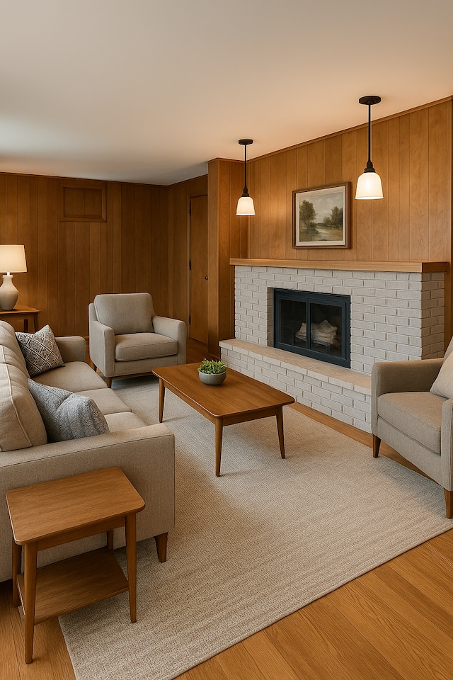 6617 Normandale Rd, Edina, MN 55435 - living area featuring wooden walls, light wood-style flooring, and a brick fireplace