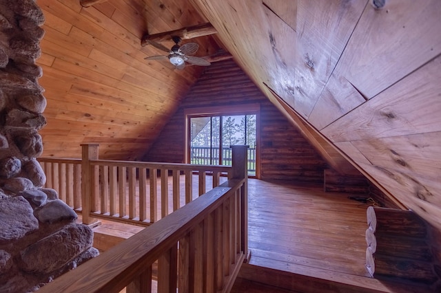 bonus room with wood ceiling, vaulted ceiling, wood-type flooring, and a ceiling fan