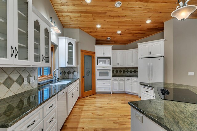 1108 Oak Pond Dr, Sartell, MN 56377 - kitchen with a sink, wooden ceiling, white appliances, white cabinets, and light wood finished floors