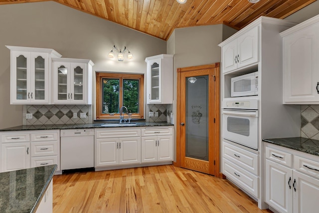 1108 Oak Pond Dr, Sartell, MN 56377 - kitchen featuring white appliances, a sink, wood ceiling, white cabinetry, and backsplash