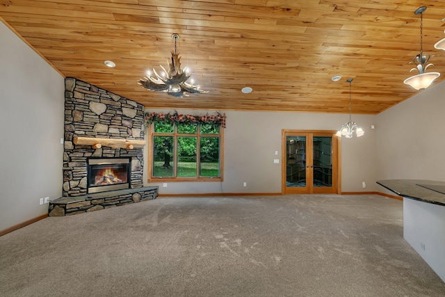 1108 Oak Pond Dr, Sartell, MN 56377 - unfurnished living room with wooden ceiling, a chandelier, lofted ceiling, carpet floors, and a fireplace