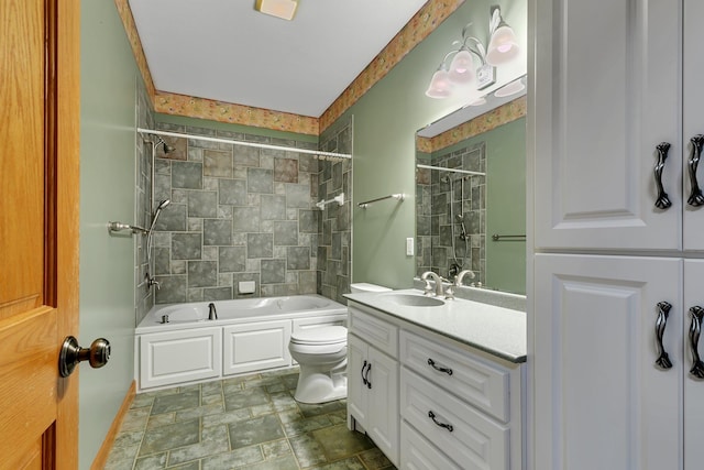 1108 Oak Pond Dr, Sartell, MN 56377 - bathroom with toilet, shower / bathtub combination, vanity, and stone finish flooring