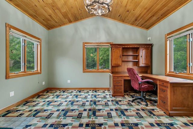 1108 Oak Pond Dr, Sartell, MN 56377 - office with plenty of natural light, wood ceiling, lofted ceiling, a chandelier, and baseboards