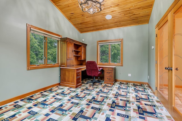 1108 Oak Pond Dr, Sartell, MN 56377 - home office with wood ceiling, vaulted ceiling, baseboards, and a chandelier