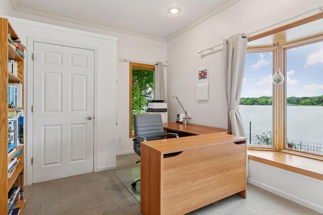 6 Shore Rd, North Oaks, MN 55127 - office area featuring light colored carpet, crown molding, baseboards, and recessed lighting
