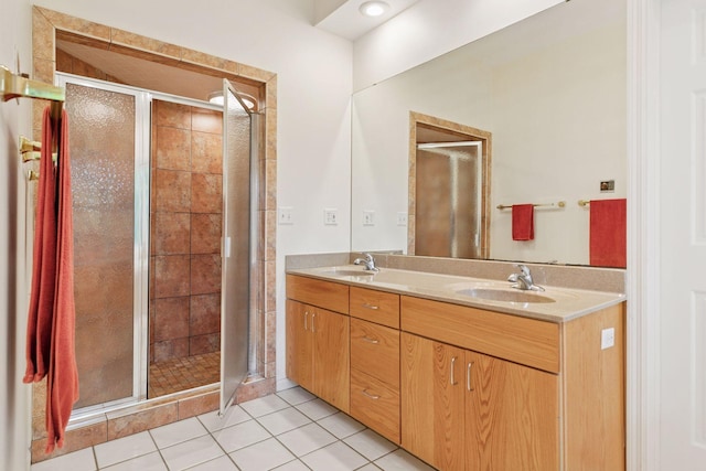 6 Shore Rd, North Oaks, MN 55127 - bathroom featuring a shower stall, double vanity, and tile patterned flooring