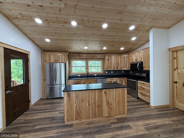 1616 130th Ave, Erin Prairie Twp, WI 54017 - kitchen featuring appliances with stainless steel finishes, light brown cabinetry, dark countertops, wooden ceiling, and lofted ceiling