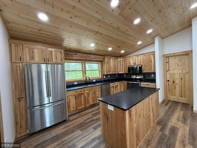 1616 130th Ave, Erin Prairie Twp, WI 54017 - kitchen with stainless steel appliances, dark countertops, wood ceiling, a sink, and lofted ceiling
