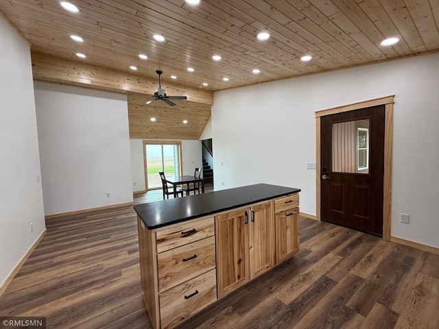 1616 130th Ave, Erin Prairie Twp, WI 54017 - kitchen with dark countertops, wood ceiling, recessed lighting, ceiling fan, and a kitchen island