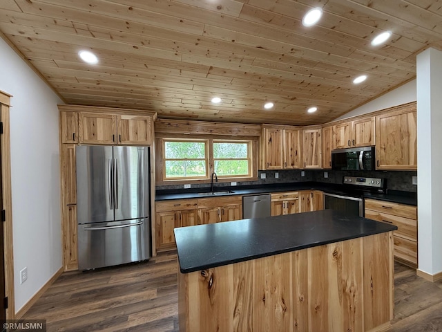 1616 130th Ave, Erin Prairie Twp, WI 54017 - kitchen with stainless steel appliances, wood ceiling, dark countertops, a sink, and light brown cabinets