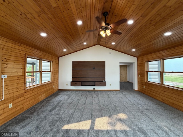 1616 130th Ave, Erin Prairie Twp, WI 54017 - unfurnished living room featuring wood ceiling, carpet flooring, vaulted ceiling, a ceiling fan, and recessed lighting