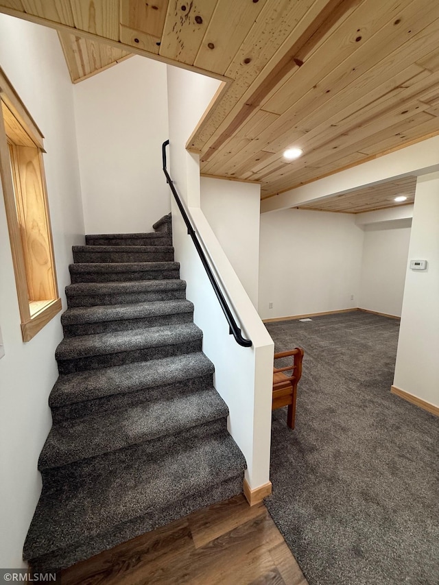 1616 130th Ave, Erin Prairie Twp, WI 54017 - stairway with baseboards, recessed lighting, wood ceiling, and carpet flooring