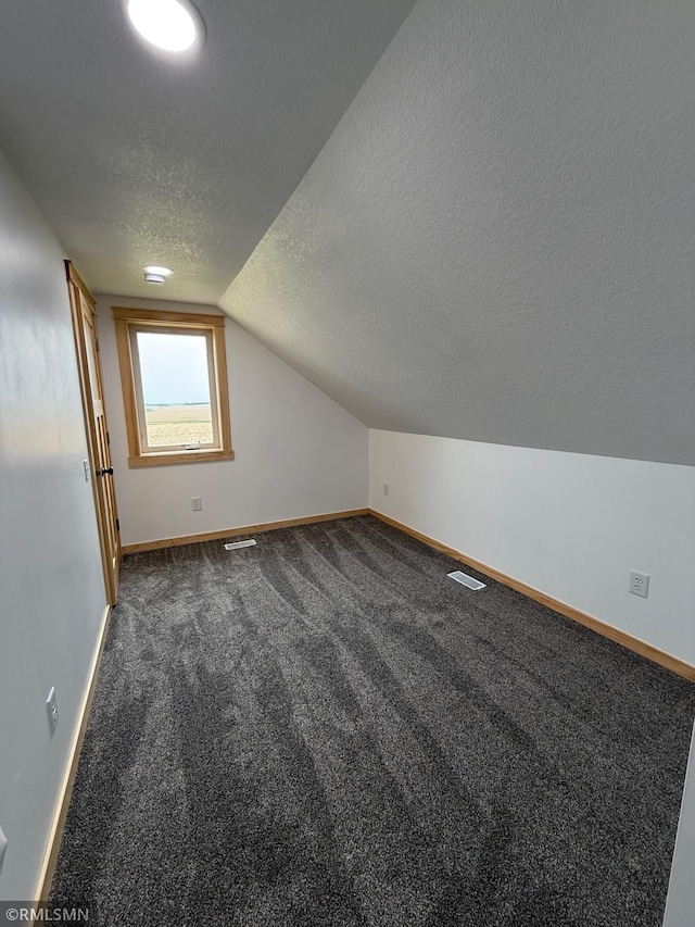 1616 130th Ave, Erin Prairie Twp, WI 54017 - bonus room featuring a textured ceiling, baseboards, vaulted ceiling, and dark carpet