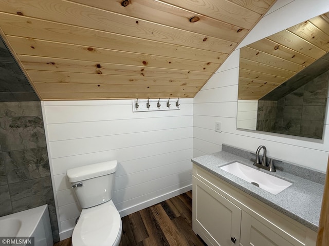 1616 130th Ave, Erin Prairie Twp, WI 54017 - full bathroom with wood finished floors, wooden ceiling, vanity, toilet, and a bathtub