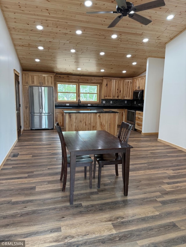 1616 130th Ave, Erin Prairie Twp, WI 54017 - dining space featuring wooden ceiling, recessed lighting, baseboards, a ceiling fan, and dark wood finished floors