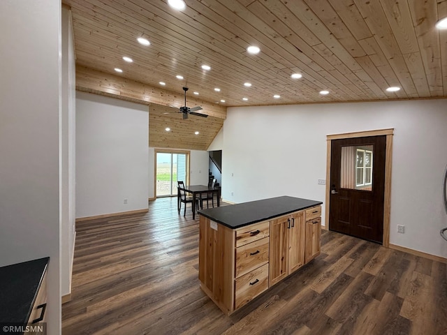1616 130th Ave, Erin Prairie Twp, WI 54017 - kitchen with wood ceiling, recessed lighting, dark countertops, dark wood-style floors, and baseboards