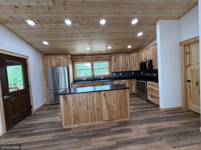 1616 130th Ave, Erin Prairie Twp, WI 54017 - kitchen with appliances with stainless steel finishes, light brown cabinetry, dark countertops, a sink, and wooden ceiling