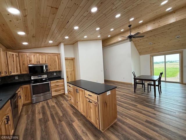 1616 130th Ave, Erin Prairie Twp, WI 54017 - kitchen featuring stainless steel appliances, vaulted ceiling, dark countertops, wooden ceiling, and recessed lighting