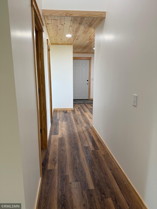1616 130th Ave, Erin Prairie Twp, WI 54017 - hall featuring wooden ceiling, dark wood-style flooring, and baseboards