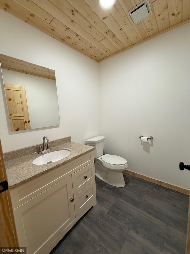 1616 130th Ave, Erin Prairie Twp, WI 54017 - half bath with toilet, vanity, wood finished floors, wooden ceiling, and baseboards