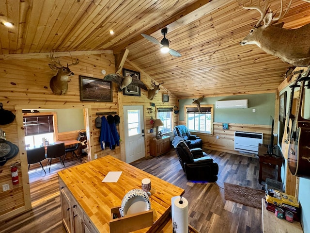 13739 429th Ave, Webster, SD 57274 - living room featuring wooden walls, wood ceiling, a wall mounted air conditioner, lofted ceiling, and ceiling fan